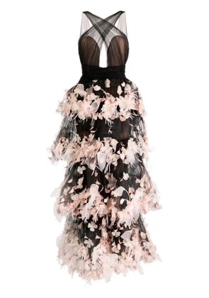 Marchesa floral-appliqué tiered tulle gown - Black