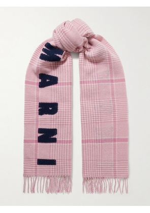 Marni - Fringed Embroidered Prince Of Wales Checked Wool Scarf - Pink - One size