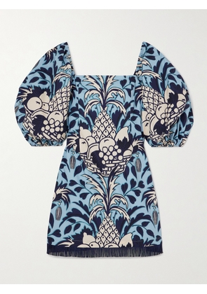 Cara Cara - Montauk Fringed Printed Cotton-poplin Mini Dress - Blue - x small,small,medium,large,x large