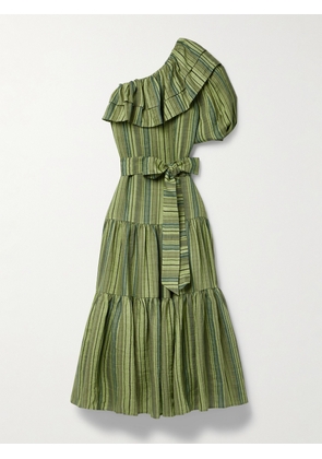 Lisa Marie Fernandez - + Net Sustain Arden One-sleeve Ruffled Striped Linen-blend Maxi Dress - Green - 0,1,2,3,4