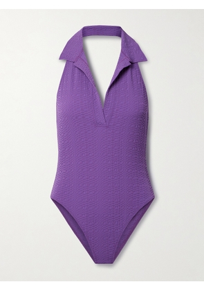 Lisa Marie Fernandez - + Net Sustain Polo Seersucker Halterneck Swimsuit - Purple - 0,1,2,3,4