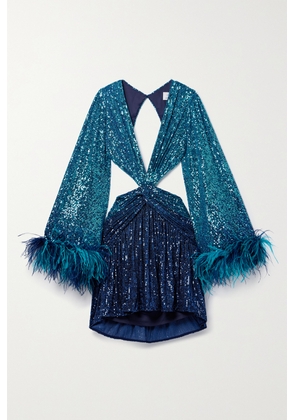 PatBO - + Alessandra Ambrosio Cutout Feather-trimmed Sequined Tulle Mini Dress - Blue - US0,US2,US4,US6,US8,US10