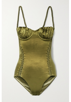 Isa Boulder - Formality Braided Ruched Stretch-satin Swimsuit - Green - x small,small,medium,large,x large,xx large
