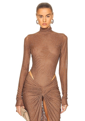 LaQuan Smith Mesh Crystal Mock Neck Bodysuit in Cognac - Brown. Size L (also in ).