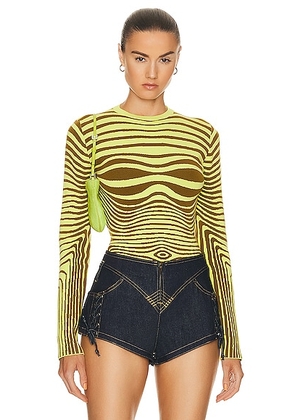 Jean Paul Gaultier Morphing Stripes Long Sleeve Top in Khaki & Lime - Yellow. Size S (also in XS).