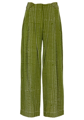 Lovebirds Printed Pleated Silk Trousers - Olive - L (UK16)