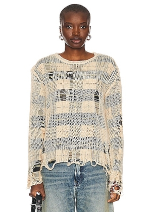 R13 Overlay Distressed Relaxed Crewneck in Cream On Black & Beige Plaid - Beige. Size M (also in S, XS).