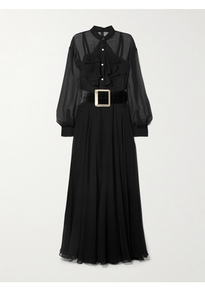 Sergio Hudson - Belted Velvet-trimmed Ruffled Chiffon Maxi Dress - Black - US4,US6,US8,US10,US12,US14,US16