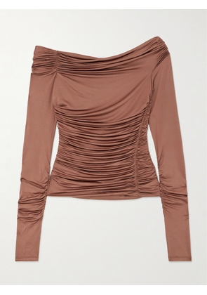 Helmut Lang - One-shoulder Ruched Stretch-satin Jersey Top - Brown - xx small,x small,small,medium,large,x large