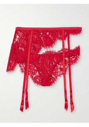 Coco de Mer - Marella Asymmetric Satin-trimmed Lace Open Suspender Briefs - Red - small,medium,large