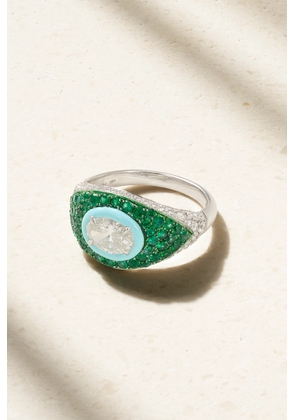Kamyen - 18-karat White Gold Diamond, Emerald And Enamel Ring - 3,4
