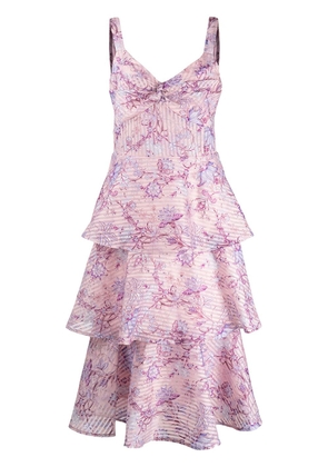 Marchesa Notte floral-print tiered flared midi dress - Pink