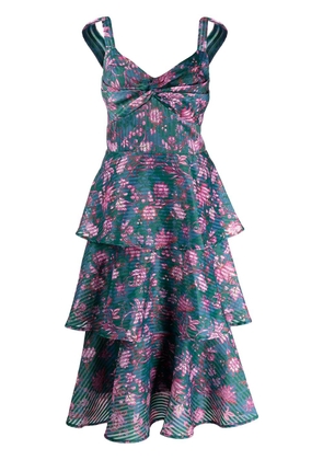 Marchesa Notte floral-print tiered flared midi dress - Green