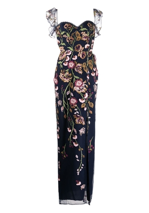Marchesa Notte floral-embroidered ruffle-trim long dress - Blue