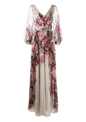 Marchesa Notte floral-print pleated dress - Neutrals