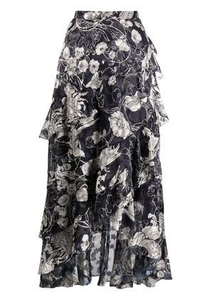Marchesa Notte floral-print lace-detail asymmetric-hem dress - Black