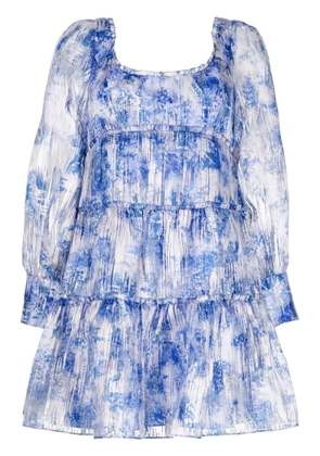 Marchesa Notte floral-print ruffle mini dress - Blue
