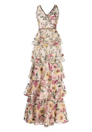Marchesa Notte floral-embroidered V-neck gown - Brown