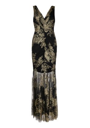 Marchesa Notte leaf-embroidered ruched gown - Black