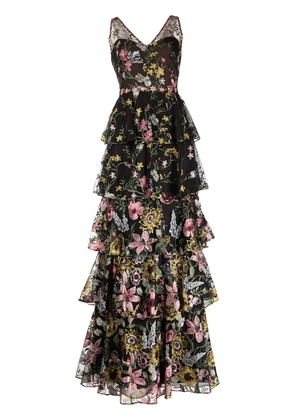 Marchesa Notte floral-embroidered sleeveless gown - Black