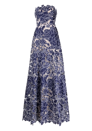Marchesa Notte semi-sheer floral lace strapless gown - Blue