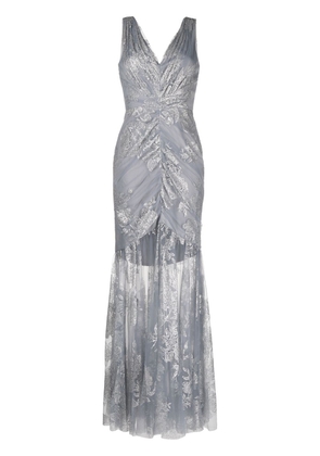 Marchesa Notte leaf-embroidered ruched gown - Blue