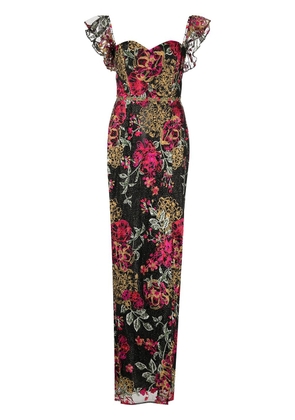 Marchesa Notte floral-embroidered side-slit gown - Black