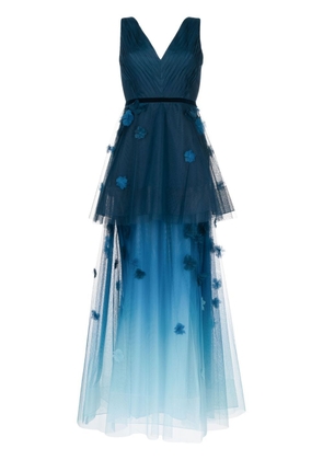 Marchesa Notte floral-appliqué ombré-effect gown - Blue