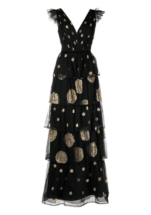 Marchesa Notte polka-dot tiered gown - Black