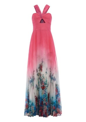 Marchesa Notte floral-print pleated gown - Pink