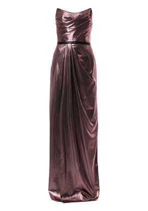 Marchesa Notte metalzied strapless gown - Purple