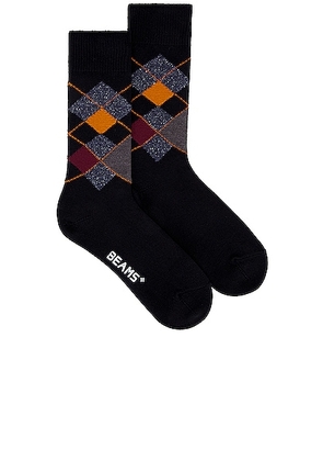 Beams Plus Argyle Socks in Black - Black. Size all.