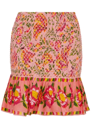 Farm Rio Bananas Smocked Cotton Mini Skirt, Dress, Floral Print - Pink - XS