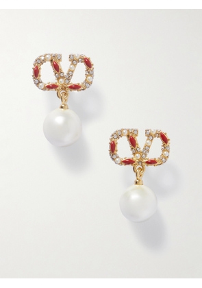 Valentino Garavani - Vlogo Gold-tone, Enamel, Crystal And Faux Pearl Earrings. - Red - One size