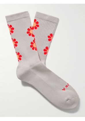 Rostersox - Peace Intarsia Ribbed Cotton-Blend Socks - Men - Gray