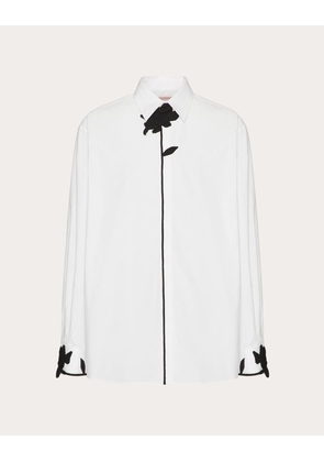 Valentino LONG-SLEEVED SHIRT IN COTTON POPLIN WITH FLOWER EMBROIDERY Man WHITE/ BLACK 37