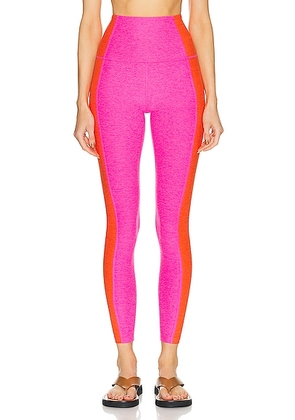 Beyond Yoga Spacedye Vitality Colorblock High Waisted Midi Legging in Pink Punch & Firecracker Red Block - Pink. Size XS (also in L, M).