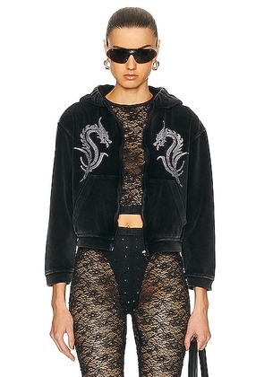 Alexander Wang Shrunken Zip Up Hoodie With Crystal Dragon Hotfix in Washed Pepper - Charcoal. Size XS (also in M, S).
