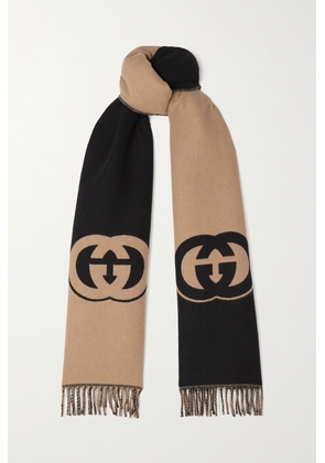 Gucci - Fringed Logo-jacquard Wool And Cashmere-blend Scarf - Black - One size