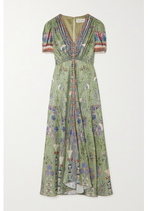 Saloni - Lea Floral-print Silk-jacquard Midi Dress - Green - UK 4,UK 6,UK 8,UK 10,UK 12,UK 14,UK 16