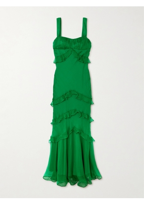 Saloni - Chandra Ruffled Plissé Silk-georgette Maxi Dress - Green - UK 4,UK 6,UK 8,UK 10,UK 12,UK 14,UK 16