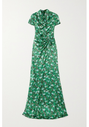 Saloni - Kelly Bow-embellished Printed Silk-satin Maxi Dress - Green - UK 4,UK 6,UK 8,UK 10,UK 12,UK 14,UK 16