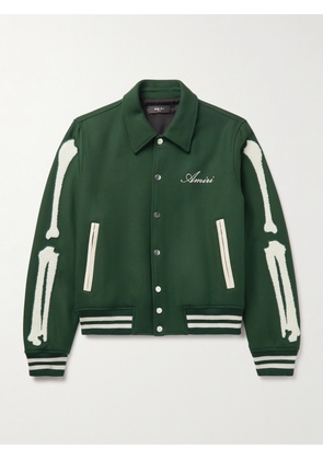 AMIRI - Bones Leather-Trimmed Appliquéd Melton Wool-Blend Varsity Jacket - Men - Green - IT 44
