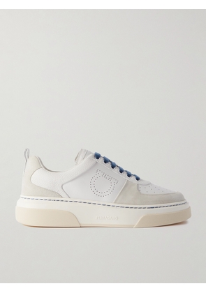FERRAGAMO - Suede-Trimmed Perforated Leather Sneakers - Men - White - EU 39