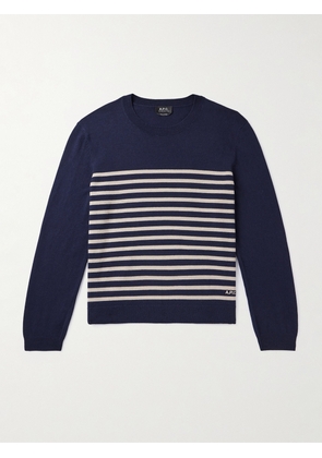 A.P.C. - Matthew Striped Logo-Embroidered Cashmere and Cotton-Blend Sweater - Men - Blue - XS