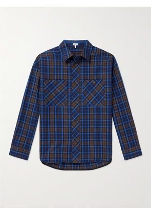 LOEWE - Leather-Trimmed Checked Cotton-Flannel Shirt - Men - Blue - EU 37