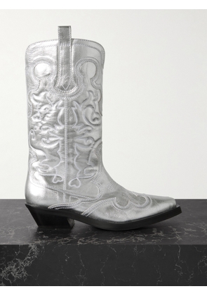 GANNI - Embroidered Metallic Recycled Leather Cowboy Boots - Silver - IT37,IT38,IT39,IT40,IT41