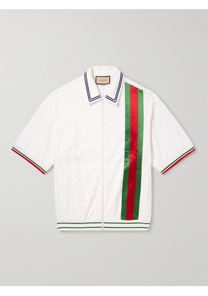 Gucci - Satin-Trimmed Monogrammed Cotton-Blend Terry Zip-Up Polo Shirt - Men - White - S