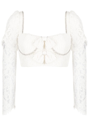 Self-Portrait bow-detail corded lace cropped blouse - White