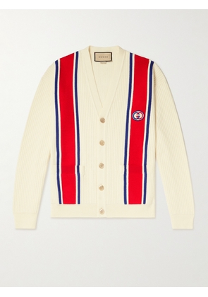Gucci - Logo-Appliquéd Striped Ribbed Cotton Cardigan - Men - Neutrals - S